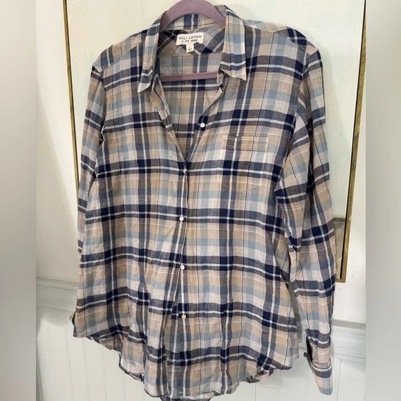 NILI LOTAN Lydia Plaid Shirt Buttondown Collar Brown Blue Tan Size L - Picture 2 of 4